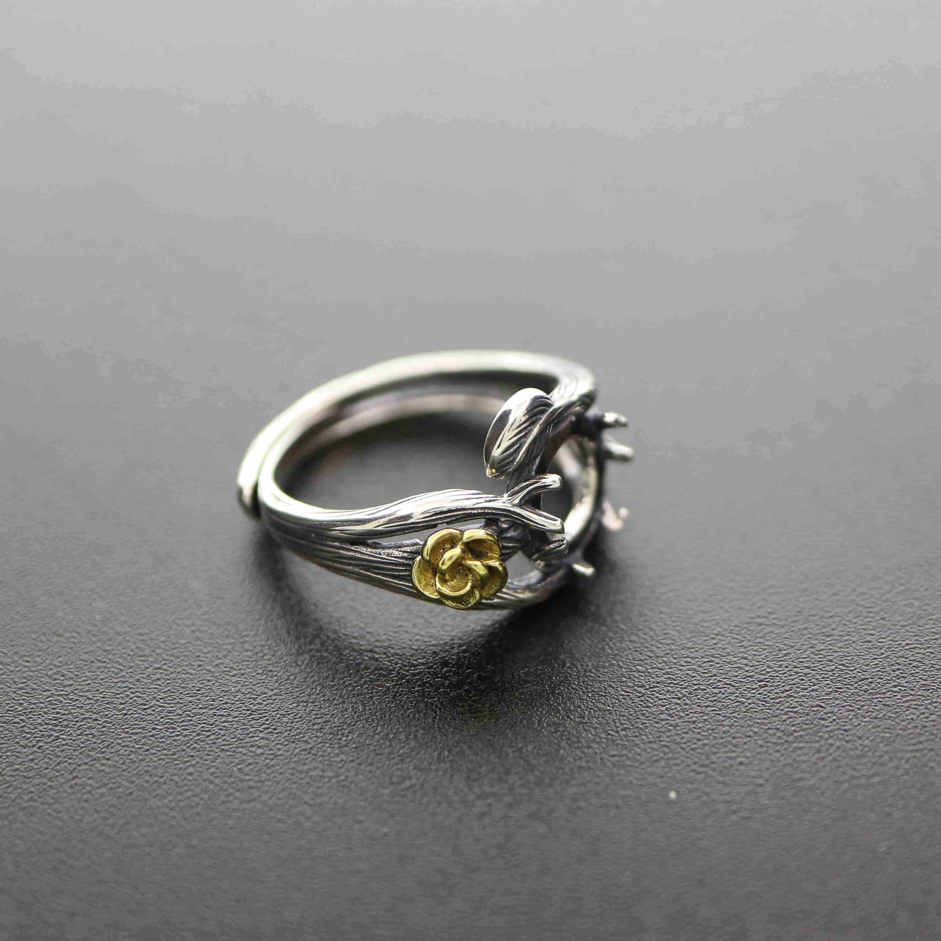1Pcs 8MM Vintage Style Brass Flower Branch Round Cabochon Bezel Antiqued Solid 925 Sterling Silver Adjustable Ring Settings 1213050 - Click Image to Close